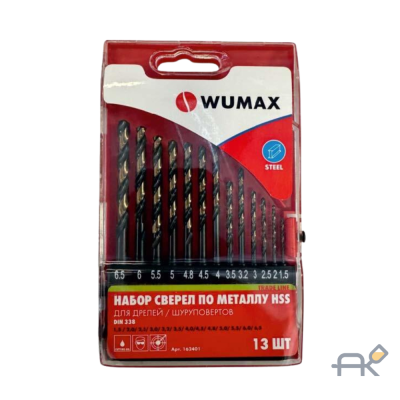 Набор сверел по металлу HSS DIN338. 13 шт. 1.5-6.5 мм.. WUMAX 162401